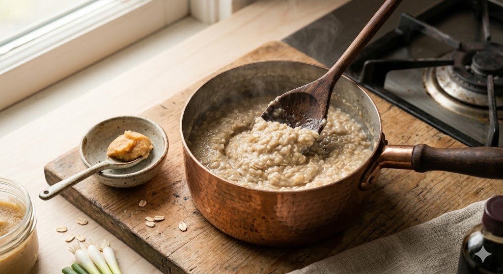 Creamy oatmeal being stirred in a saucepan with miso paste beside it