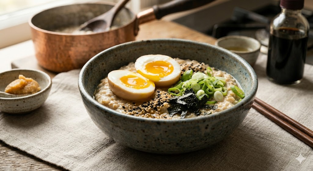 Styled side-angle shot of savory miso oatmeal with all toppings
