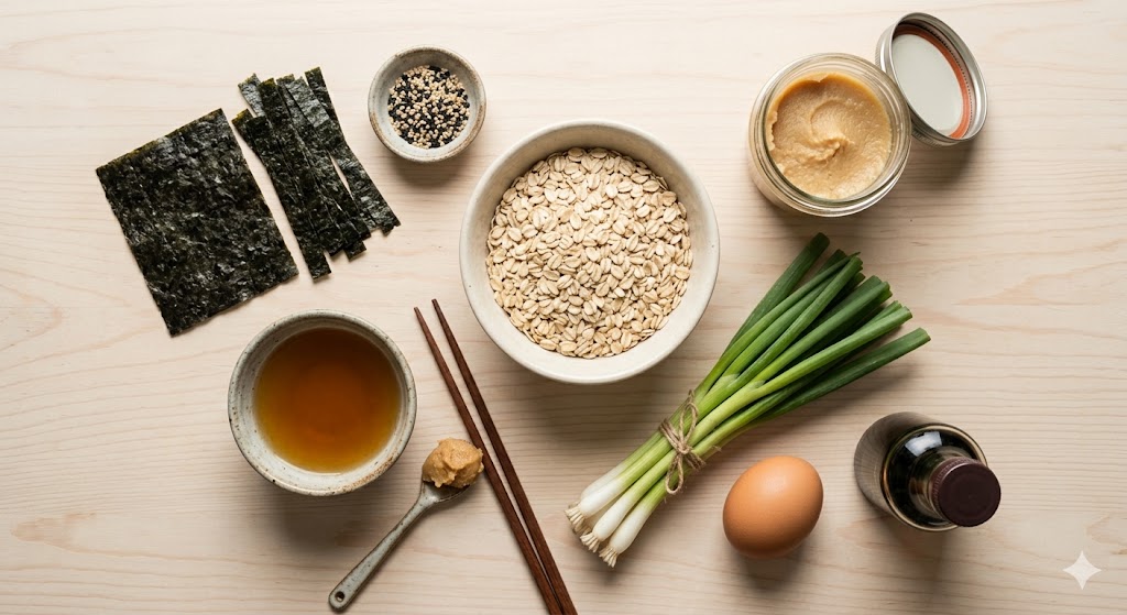 All ingredients for savory miso oatmeal laid out on a wooden surface