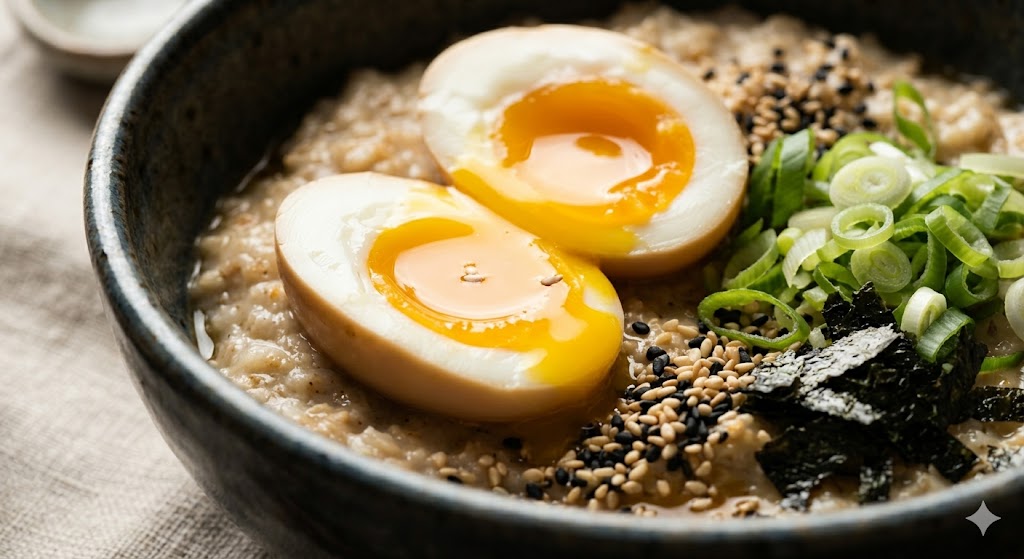 Close-up of jammy soft-boiled egg cut in half showing golden yolk