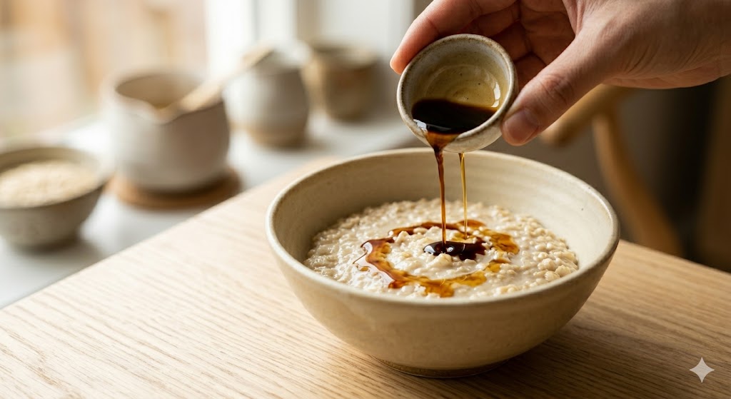 Drizzling soy sauce and sesame oil on oatmeal