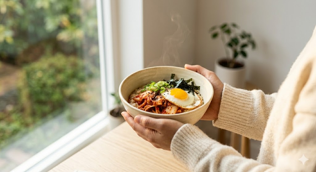 Holding a warm kimchi oatmeal bowl by the window
