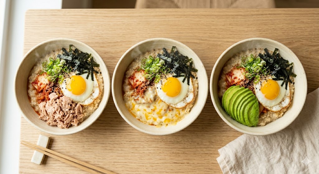 Kimchi oatmeal variations — tuna, cheese, avocado