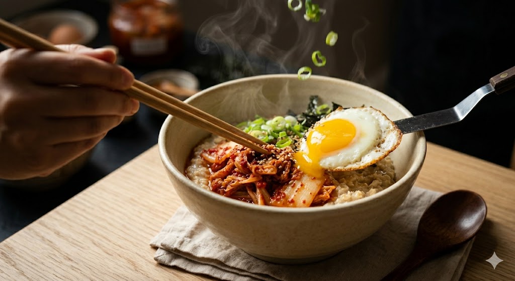 Plating the kimchi oatmeal bowl