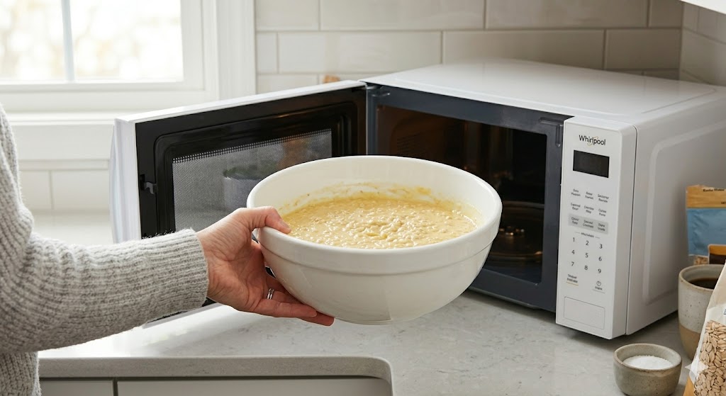 Hand placing a large bowl of oatmeal mixture into a microwave oven