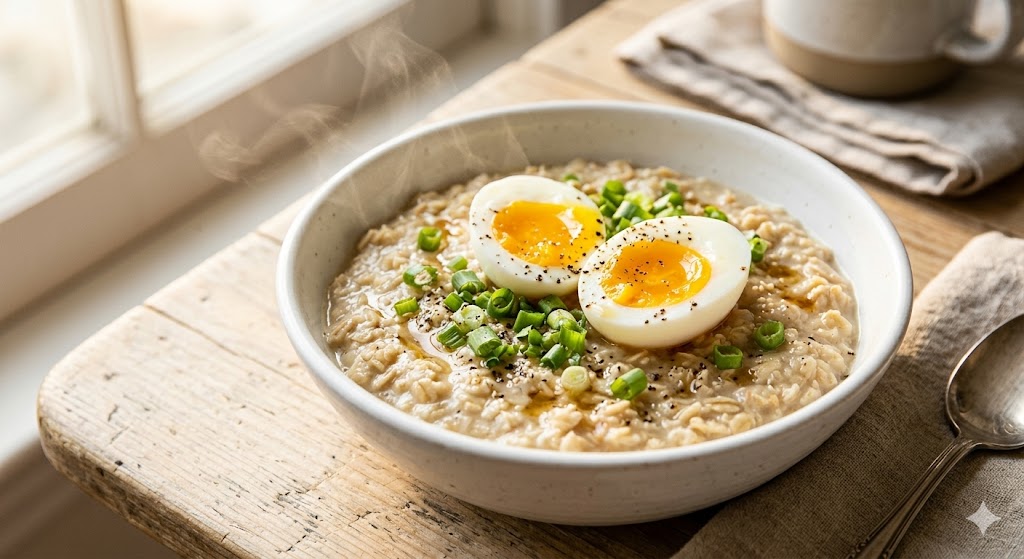 Savory oatmeal with egg in a white bowl topped with green onion and sesame oil