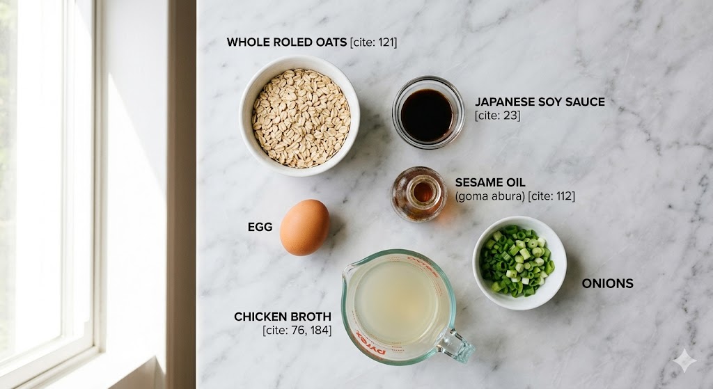 Ingredients for savory oatmeal with egg laid out on a marble surface