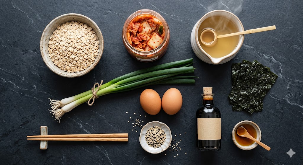 Savory kimchi oatmeal ingredients flatlay