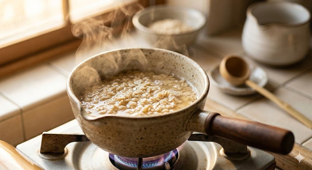 Oatmeal simmering in dashi broth