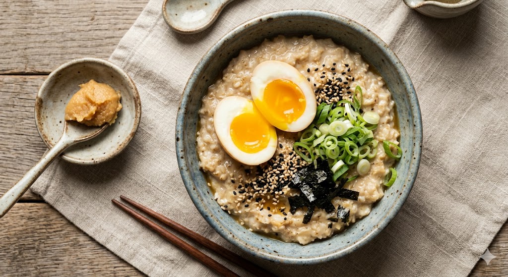 Savory miso oatmeal bowl with jammy egg and scallions